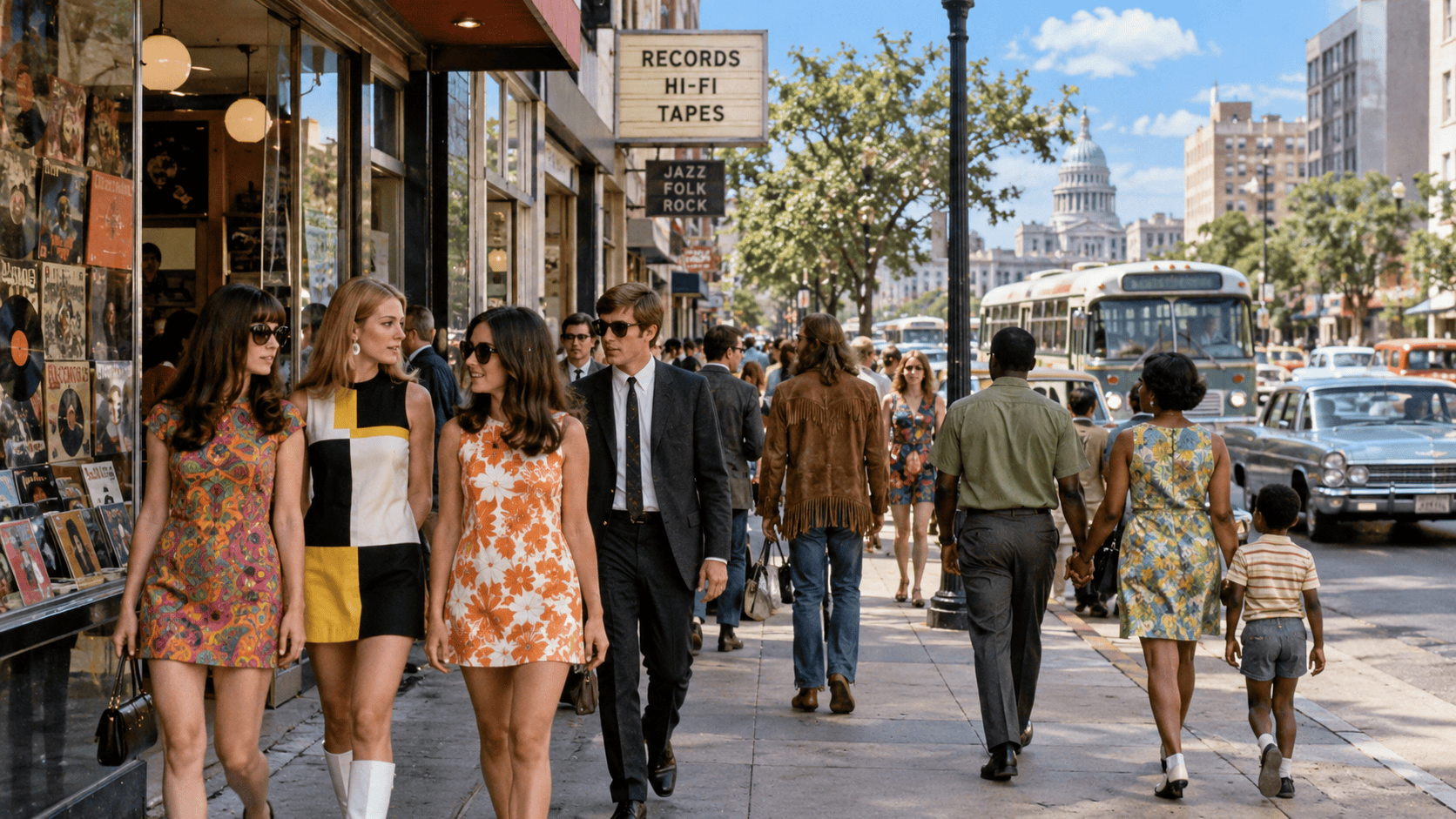 1960s daytime city street with mod fashion, record shop, vintage cars, public bus and diverse pedestrians
