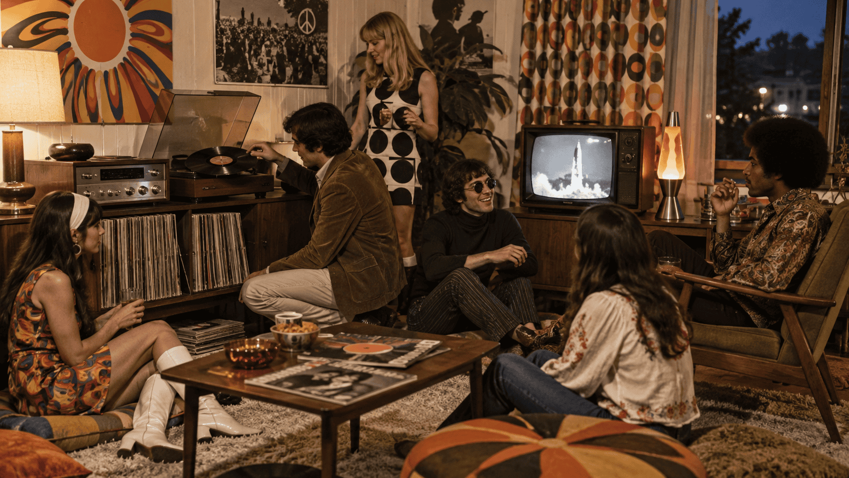 1960s living room with young adults, vinyl records, record player, television, mod fashion and psychedelic decor