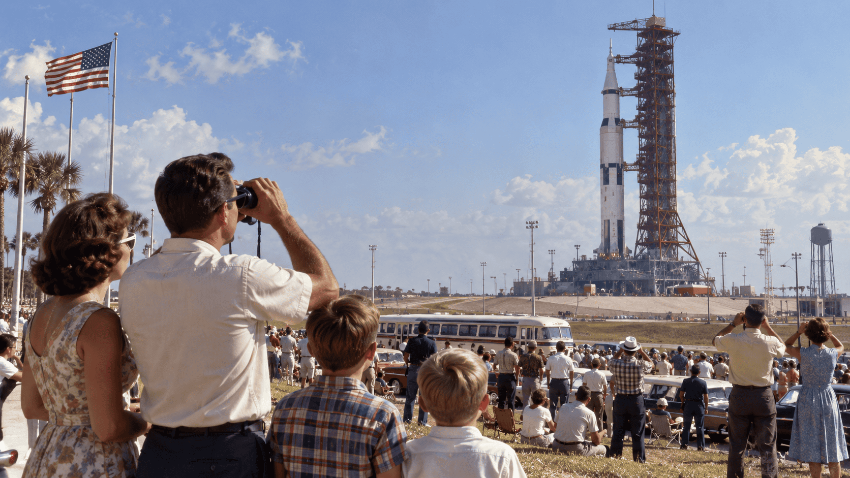 1960s Space Race crowd watching a Saturn V style rocket at a Florida launch complex on a bright sunny day