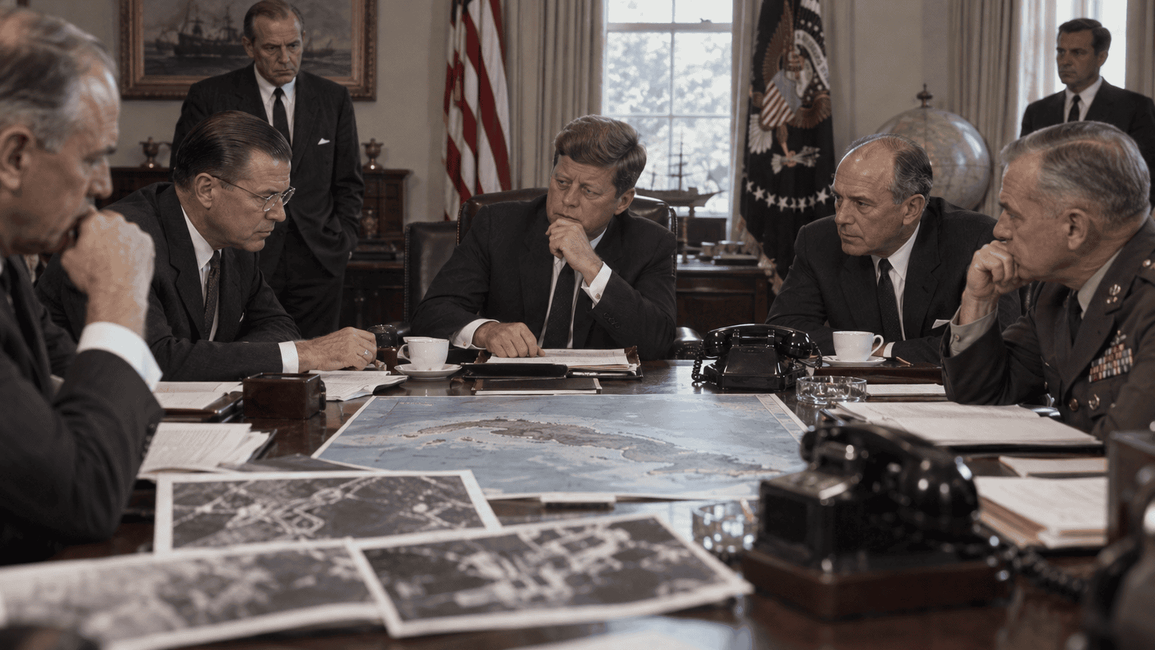 John F. Kennedy and advisers studying maps and reconnaissance photos during the Cuban Missile Crisis