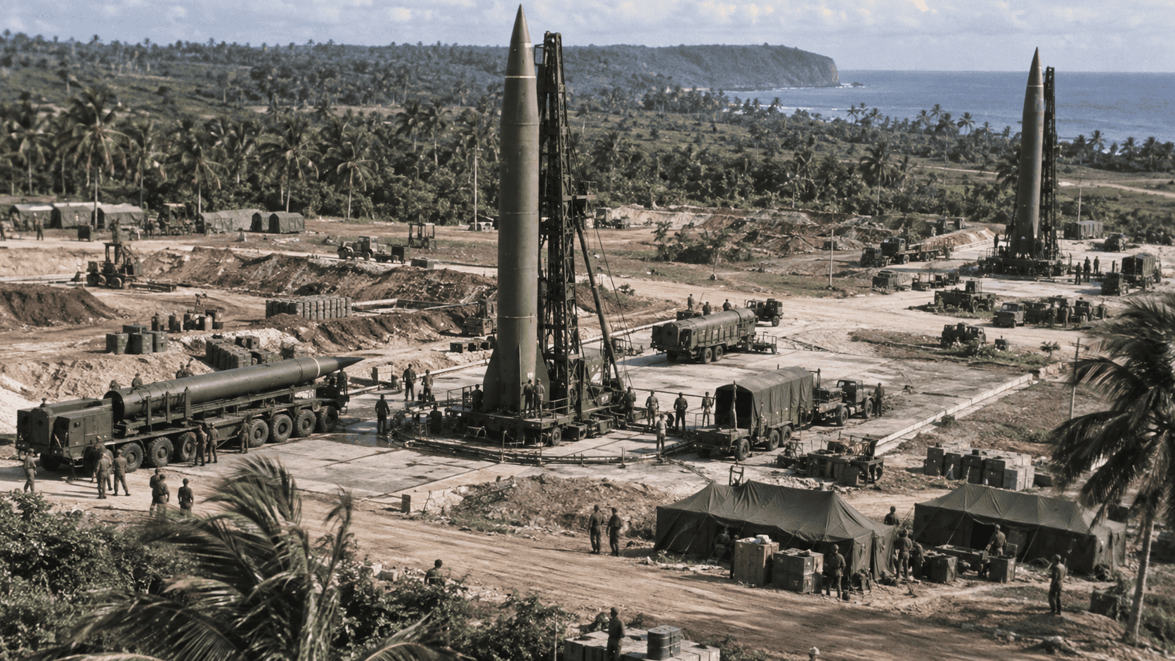 Soviet missile launch sites under construction in tropical Cuba during the 1962 crisis