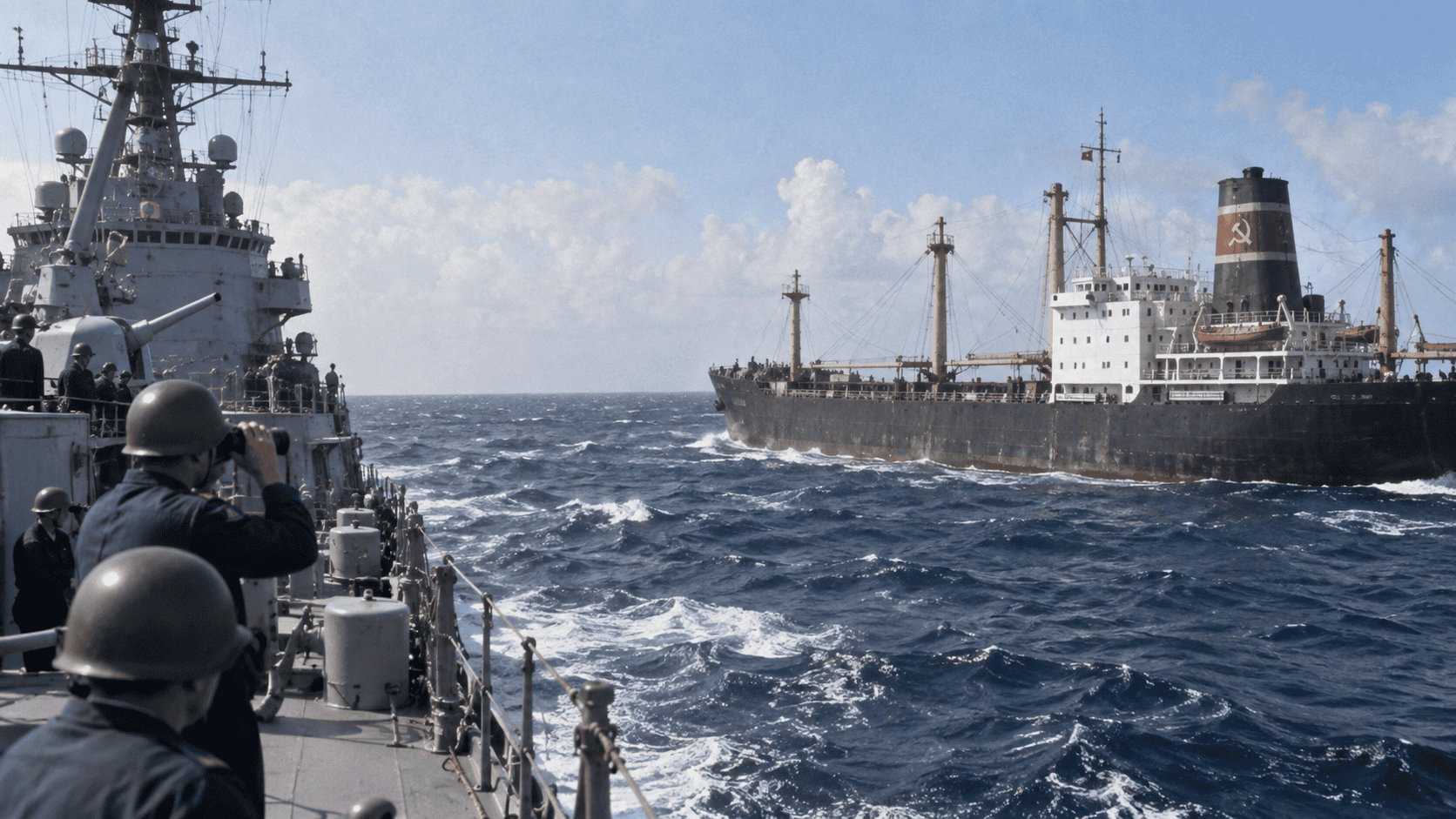 United States warship shadowing a Soviet cargo vessel during the Cuban Missile Crisis naval quarantine