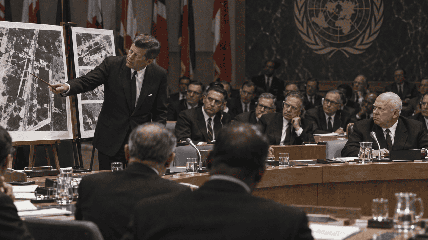 Cold War diplomats facing each other in the United Nations Security Council during the Cuban Missile Crisis